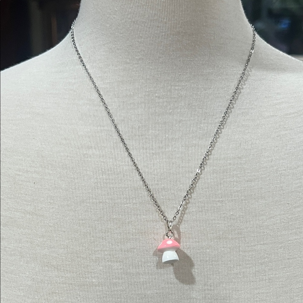 Pink and White Mushroom Pendant Necklace